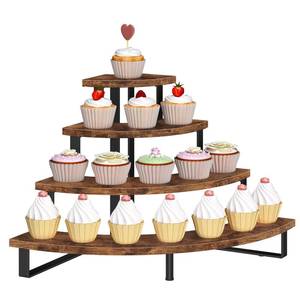 lot 1364 image: ELITEROO Cupcake Tier Stand, Wooden Cup Cake Stand Stairs, 4 Tier Dessert Table Display Set for Cookie Cocktail Candy Donut, Display Riser for Vendors Craft Show, Rustic Brown Curved Corner