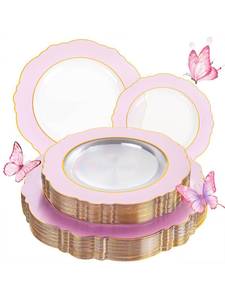 lot 1391 image: WDF 60Pcs Pink Plates Disposable with Gold Rim - Baroque Clear Pink and Gold Plastic Party Plates Ideal for WeddingBaby ShowerSpring