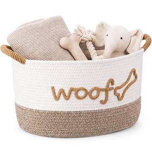 lot 2112 image: Zhehao Dog Toy Basket - 15 x 11 x 9 in Woven Dog Toy Bin with Handles, Large Cotton Rope Pet Storage Box with Woof Bone Embroidery, White & Beige Home Decor (White Flaxen)