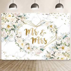 lot 2113 image: AIBIIN 7x5ft Mr and Mrs Floral Backdrop for Bridal Shower White Flowers Gold Dots Glitter Photography Background Hearts Geometric Couple Wedding Party Decorations Bride to Be Engagement Banner Props
