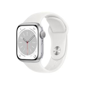 lot 2140 image: Apple Watch Series 8 GPS, 41mm - Silver Aluminum Case with White Sport Band, ML (Renewed)