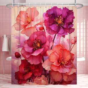 lot 2153 image: Uiiooazy Red Shower Curtain for Bathroom Hot Pink Floral Shower Curtain Set with Hooks Abstract Coral Flowers Bathtub Decor Waterproof Fabric Curtains 72x78inches