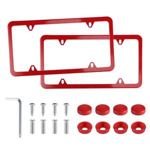 lot 2156 image: LivTee 4 Holes Stainless Steel License Plate Frames, 2 PCS Car Licence Plate Covers, Automotive Exterior Accessories Slim Design with Bolts Washer Caps for US Vehicles, Red