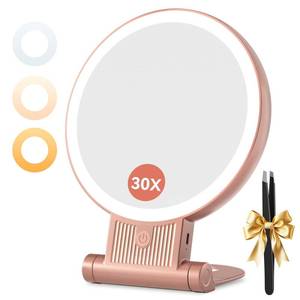 lot 2177 image: 1X30X Magnifying Mirror with Light, Double Sided Makeup Mirror with Adjustable 3 Color Light, 2000mAh Rechargeable Lighted Magnifying Mirrors with Tweezer, Foldable Travel Mirror with Rotation