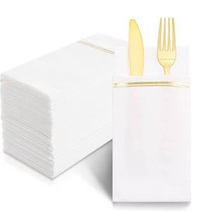 lot 2187 image: Nervure 100PCS Gold Paper Napkins with Built-in Flatware Pocket - White and Gold Prefolded Cloth Like Disposable Napkins - Heavy-duty Linen-Feel Dinner Napkins for Party & Wedding & Dinner