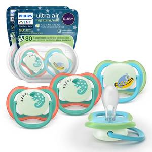 lot 2215 image: Philips Avent Ultra Air Nighttime Pacifiers - Orthodontic Design, for Babies 6-18 Months, Glow in The Dark, Soft Silicone Symmetrical Nipple, BPA-Free, with 2 Sterilizing Cases, 4 Pack, SCF37636