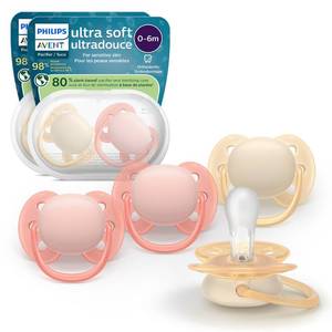 lot 2233 image: Philips Avent Ultra Soft Pacifiers - Orthodontic Design, for Babies 0-6 Months, Flexible Shield, Silicone Symmetrical Nipple, BPA-Free, 2 Sterilizing Cases, 4 Pack, SCF09147