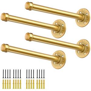 lot 3731 image: Gold Pipe Shelf Brackets 8 Inch, Industrial Metal Vintage Shelving Bracket, Wall Mounted DIY Iron Pipe Brackets for Floating Shelves, Set of 4