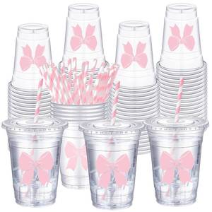 lot 3754 image: Sliner 25 Pcs 16 oz Coquette Disposable Plastic Cups with Straw for Party Supplies Bow Cups Birthday Wedding Bridal Engagement Party Drinkware Baby Shower Decoration (Pink Bow)