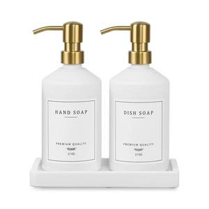 lot 3762 image: Gold Soap Dispenser Set, Glass Hand and Dish Soap Dispenser Set with Tray,Stainless Pump,14 Stickers for Kitchen,Bathroom Soap and Lotion Dispenser,Modern Counter Decor (White BottleGold Pump)