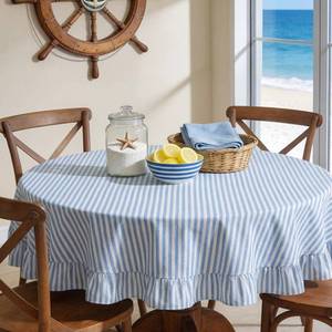 lot 4044 image: Frienda 60 Inch Blue Stripe Ruffle Table Cloth Farmhouse Round Cotton Linen Scalloped Table Cloth Coastal Blue White Striped Stonewashed Tablecloth for Round Tables Kitchen Restaurant Wedding Party