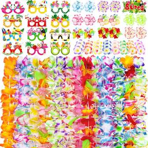lot 4051 image: 80PCS Hawaiian Luau Leis Party Photo Booth Props Decorations Supplies Set for Adults Tropical Tiki Flowers Necklaces  Paper Glasses  Bracelets  Hair Clips Bulk Summer Pool Birthday Decor Favors