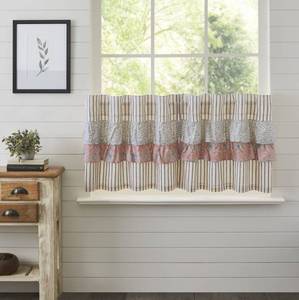 lot 4055 image: VHC Brands Kaila Country Cottage Ruffled Blue Ticking Stripe Kitchen Curtain Tier Set L24xW36