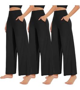 lot 4060 image: NEW YOUNG 3 Pack Womens Wide Leg Pants with Pockets High Waist Loose Sweatpants Casual Lounge Yoga Workout Palazzo Black, medium