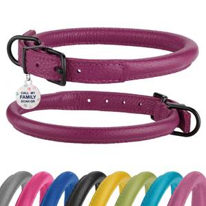 lot 4086 image: Rolled Leather Dog Collar �� Soft Round Design Prevents Tangling & Matting with ID Tag for Small, Medium & Large Dogs (9-12 inch, Pink Berry)