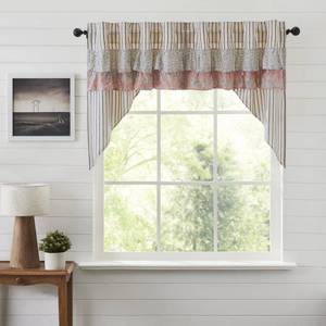lot 4089 image: VHC Brands Kaila Country Cottage Ruffled Blue Ticking Stripe Kitchen Curtain Swag Set 36x36x16