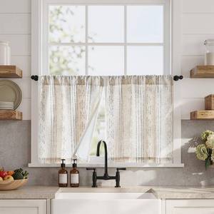 lot 4090 image: jinchan Boho Linen Kitchen Curtains 24 Inch Bohemian Geometric Striped Small Window Curtains Light Filtering Farmhouse Country Rustic for Bathroom Living Room RV 2 Panels Grey