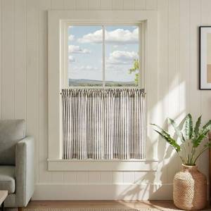 lot 4091 image: jinchan Striped Linen Kitchen Curtains 24 Inches Length Tier Curtains Farmhouse Modern Cafe Small Window Treatments Airy Light Filtering Rod Pocket for Living Room Bathroom 2 Panels Jet Black