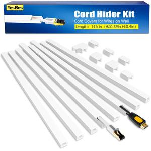 lot 4093 image: YesBes 116in Cord Hider Kit, Cord Covers for Wires on Wall, Cord Hider for Wall Mount tv, Paintable Cable Raceway, tv Cable Hider Wall kit, Wire Covers for Cords, W0.59in X H0.4in, White