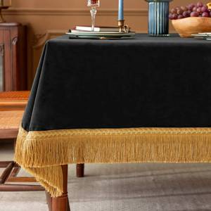 lot 5016 image: F-CHU Luxury Black Tablecloth Thickset Velvet Tablecloth with Beautiful Gold Tassels Vintage Table Cloth for Home Decor Wedding, Party, Banquet and Events 67x120-Inch