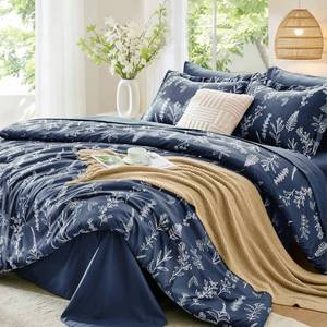 lot 5026 image: MUXHOMO Navy Blue King Comforter Set, Elegant Floral Print Bed in a Bag 7 Pieces, Ultra Soft & Breathable Reversible Botanical Pattern Bedding Set with Comforter, Sheets, Pillowcases, and Shams