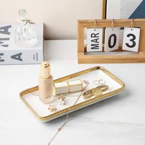 lot 5909 image: Ceramic Jewelry Dish Tray with Golden Rim,Small Decorative Tray,Trinket Dish,Ring Dish Holder,Gold and White Bathroom Vanity Tray,Holder Organizer for Candles Perfume Home Decor (Large 10�5.1)
