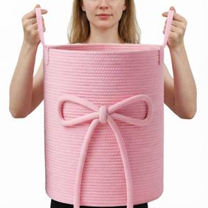 lot 5911 image: Glooglitter Pink Bow Laundry Basket Large Cotton Rope Storage Basket 16 x 22 Woven Laundry Hamper with Handles for Clothes Blanket Pillow Towels Living Room Bathroom Decor