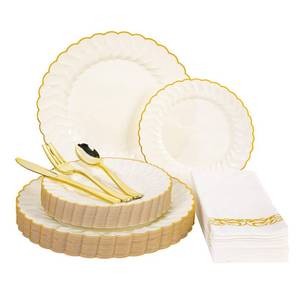 lot 5918 image: Lullaby 140PCS Elegant Disposable Dinnerware Set �� 40 Ivory Scalloped Gold-Trim Plates (20 Dinner, 20 Dessert), 40 Forks, 20 Spoons, 20 Knives & 20 Napkins �� Fancy Plastic Plates for 20 Guests
