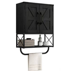 lot 5937 image: RUSTOWN Farmhouse Rustic Medicine Cabinet with Two Barn Door,Wood Wall Mounted Storage Cabinet with Adjustable Shelf and Towel Bar, 3-Tier Cabinet for Bathroom, Living Room(Black)