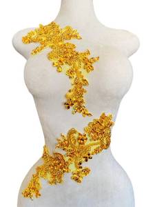 lot 6035 image: Handmade Rhinestones Bodice lace Applique handsewing Beads Sequins Trim Patches for Dress Clothes Accessories one SetBag 5.5X14inches (Gold)