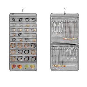 lot 6051 image: ANZORG Dual-sided Hanging Jewelry Organizer Necklace Holder Jewelries Storage with 34 Zippered Pockets and 14 Dustproof Hook Loops (GREY)