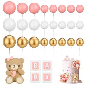 lot 6083 image: libfrnt 29 Pcs Ball Cake Toppers - Bear Cake Decorations with Cute Bear Pink BABY Letter Pink Gold White Foam Balloon for Baby Shower (Pink)
