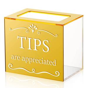 lot 6115 image: Vesici Tip Jar for Bartenders & Restaurants, Acrylic Wall Mounted Tip Box, 6 x 4 x 5 Inch, Suit for Small Donations, Musicians, Drivers, and Charity Events(Standard Lid,Gold)