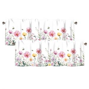 lot 6124 image: AYTTBIS Spring Wildflowers Curtain Valance for Windows Bees Floral Pink Window Treatments 2 Pack Short Curtains for Kitchen Windows Bathroom Bedroom,54 x 18 Inch