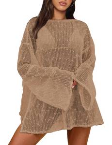 lot 6196 image: Gleeneat Bathing Suit Cover Up for Women Crochet Boat Neck Swimsuit Bathing Suit Beach Bikini Coverup 2026 Summer Sexy Trendy Water Party Swimwear Khaki size S