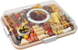 lot 11681 image: Renmxj Charcuterie Board with Clear Lid, Travel Portable Cheese Board Charcuterie Boxes Cutting Boards for Kitchen, House Warming Gifts New Home, Gifts for Women (White, 1 Compartment)