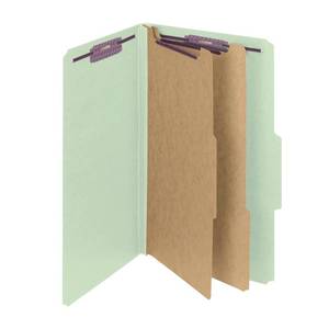 lot 11688 image: Smead Pressboard Classification File Folder with SafeSHIELD Fasteners, 2 Dividers, 2 Expansion, Legal Size, GrayGreen, 10 per Box (19076)
