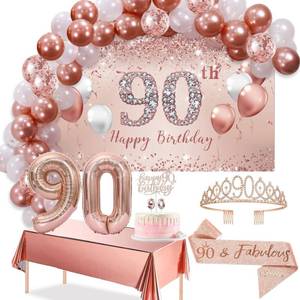 lot 11699 image: Trgowaul 90th Birthday Decorations Balloon Set Womens Arch, Rose Gold 90th Birthday Banner and Party Tablecloth, Belt and Tiara, Pink Gold 90th Balloon, Pink Birthday Cake Top, Latex Balloon  60