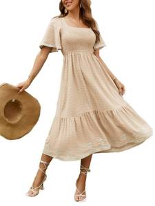 lot 12060 image: Glamaker Womens Short Sleeve Smocked Square Neck A Line Summer Flowy Midi Dress