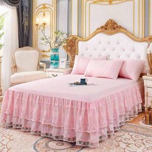 lot 13422 image: Double Lace Bed Skirt for California-King Bed - 17in. Drop, Easy Fit Ruffle Bedskirt Wrap Around Bed Skirt, Anti Wrinkle & Fade Resistant