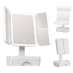 lot 13435 image: ZXCFBEA Tri Fold Lighted Makeup Mirror with Storage & 3X Magnification, Small Vanity Mirror, 3-Color Dimmable LED Vanity Mirror, Touch Control Vanity Mirrors, Travel Makeup Mirror for Women (White)