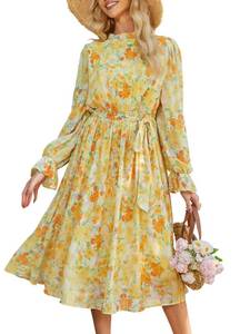 lot 14230 image: ANRABESS Womens Floral Chiffon Midi Dress Puff Long Sleeve Mock Neck Summer Wedding Guest Party Dresses Fall 2026 Outfits Floral Yellow Orange Large