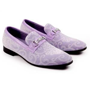 lot 14238 image: Jionrini Mens Luxury Penny Slip-on Loafer Classical Paisley Pattern Velvet Dress Shoes Designer Silver-Buckled Smoking Slipper Party Prom Wedding Light Purple Size 10.5