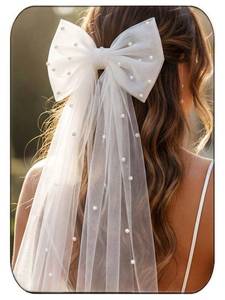 lot 14242 image: JAKAWIN Bride Wedding Hair Bow White Tulle Bridal Veil Hair Clip Pearl Bachelorette Party for Women FJ04