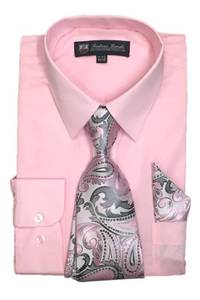lot 14301 image: Fortino Landi Mens Long Sleeve Dress Shirt with Matching Tie and Handkerchief (17-17.5 Neck 3435 Sleeve (XLarge), Pink)