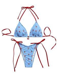 lot 14321 image: WDIRARA Womens 2 Piece Swimsuit Cherry Print Bikini Set Halter Triangle Bikini Side Tie String Bathing Suits Blue Large