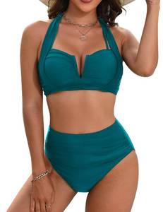 lot 14333 image: Blooming Jelly Womens High Waisted Bikini Sets Tummy Control Swimsuits Two Piece Retro Halter Swim Suits 2025��Dark Cyan, Medium��