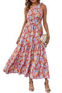 lot 14334 image: PRETTYGARDEN Womens Summer Floral Maxi Dress Knot One Shoulder Sleeveless Ruffle Flowy Boho Beach Wedding Guest Dresses (Orange Floral,XX-Large)