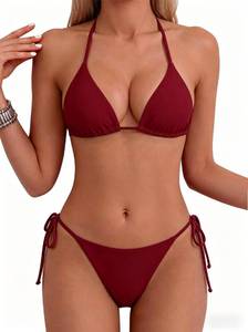 lot 14344 image: Tainehs Womens Sexy Halter Thong Bikini Tie Two Sides Bottom Triangle Bikini Swimsuits Wine Red Small