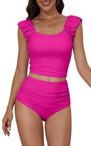 lot 14346 image: Eomenie Tankini Swimsuits for Women Ruched Tummy Control Bathing Suit Two Piece Swim Tank Top with High Waisted Bottom Rose Red Medium
